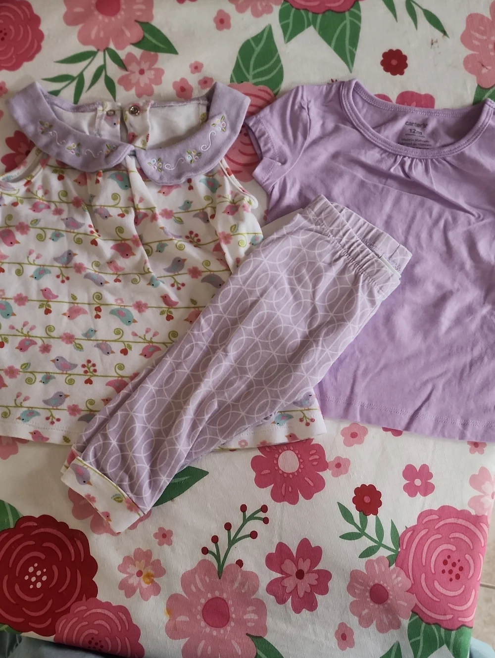 9-12 Months Girls 3-Piece Set - Lavender & Pastel Bird Print